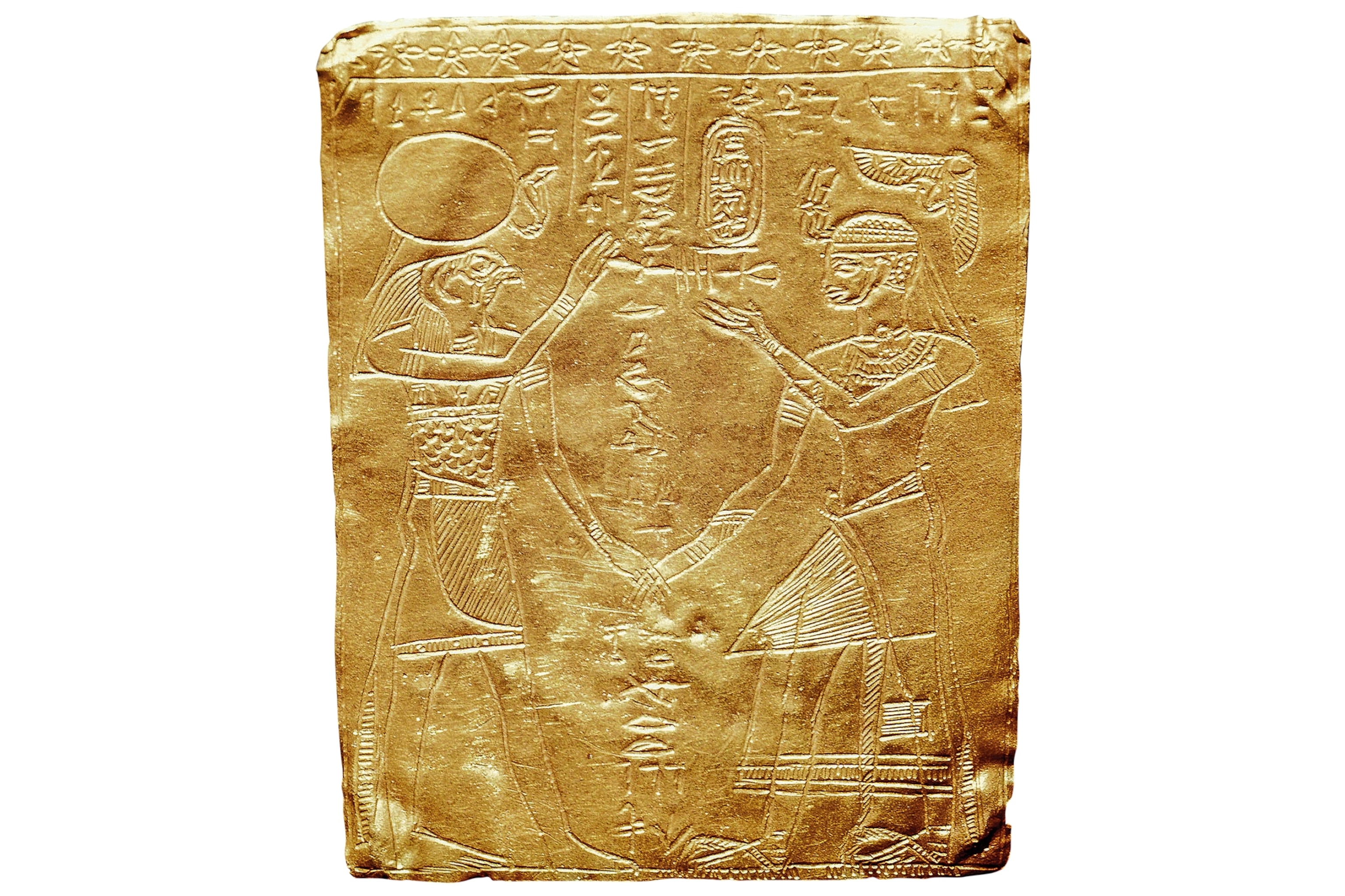 an engraved gold plaque depicting a Meroë king standing before the Egyptian god Re